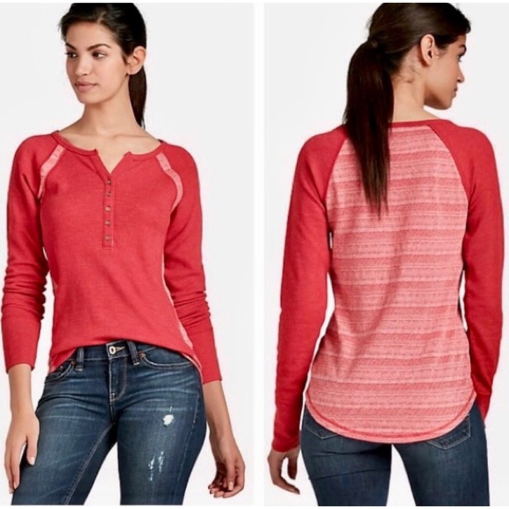 Lucky‎ Brand Red Waffle Knit Henley Thermal Long Sleeve Shirt Women's Size XL